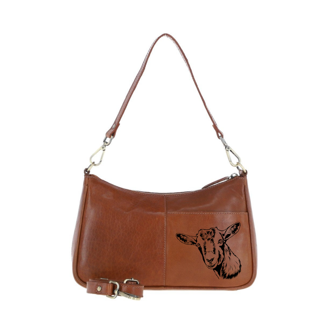 Goat Face Engraved Genuine Leather Shoulder Bag