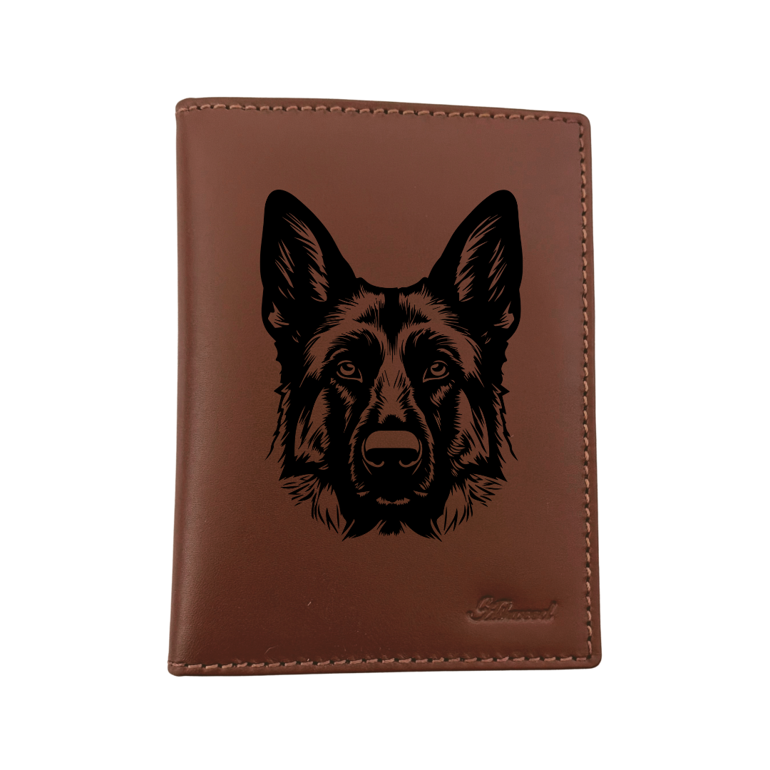 German Shepherd Alsatian D Face Engraved Leather Passport Cover