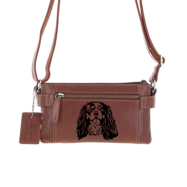 Personalised Cavlier King Charles Spaniel Face Engraved Small Leather Two Section Zip Top Crossbody Bag