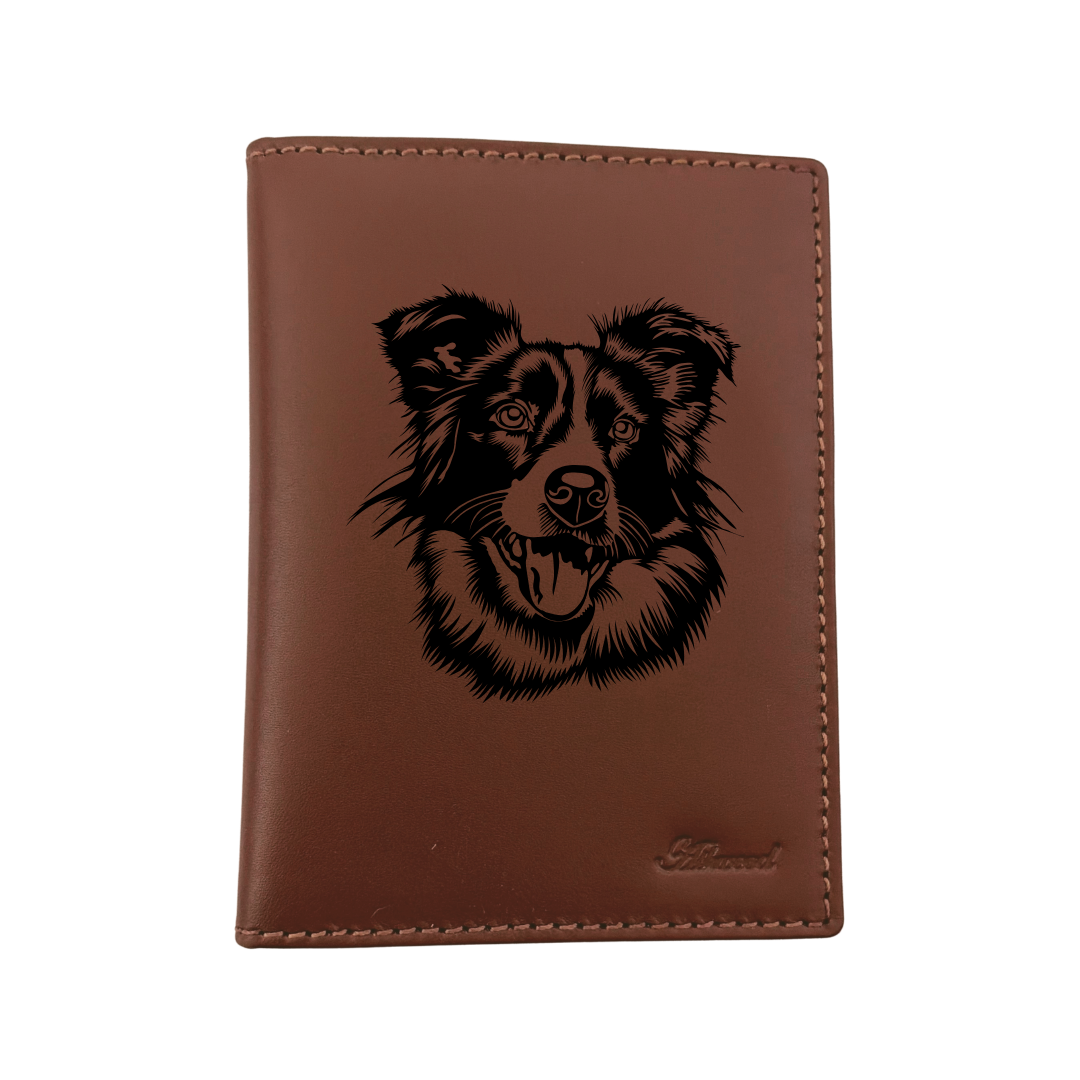 Border Collie Face Engraved Leather Passport Cover