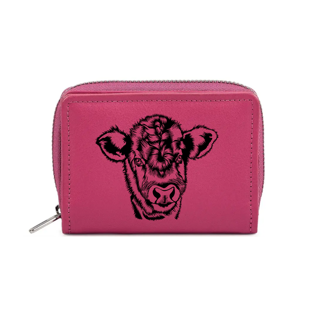 Cow Engraved Small Leather Purse (Green/Pink/Blue/Red)
