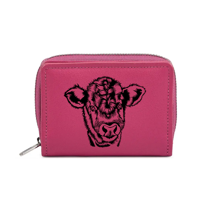 Cow Engraved Small Leather Purse (Green/Pink/Blue/Red)