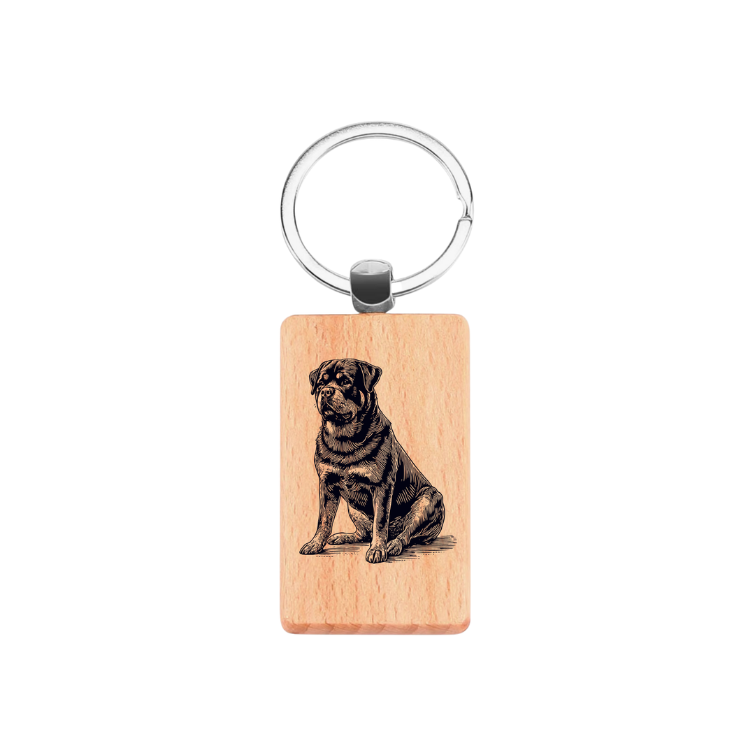 Rottweiler Sitting Engraved Rectangle Wooden Keyring