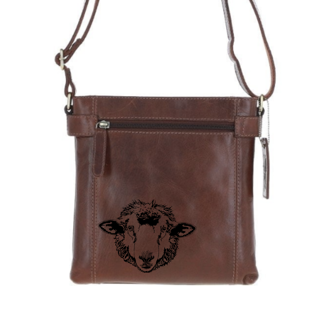 Sheep Engraved Leather Two Section Zip Top Crossbody Bag