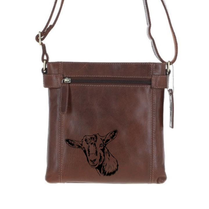 Goat Engraved Leather Two Section Zip Top Crossbody Bag