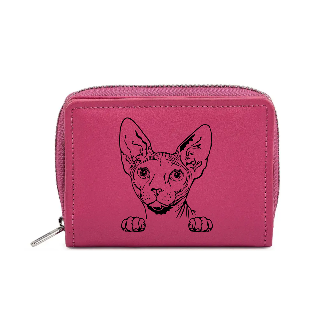 Sphynx Cat Face Engraved Small Leather Purse (Green/Pink/Blue/Red)