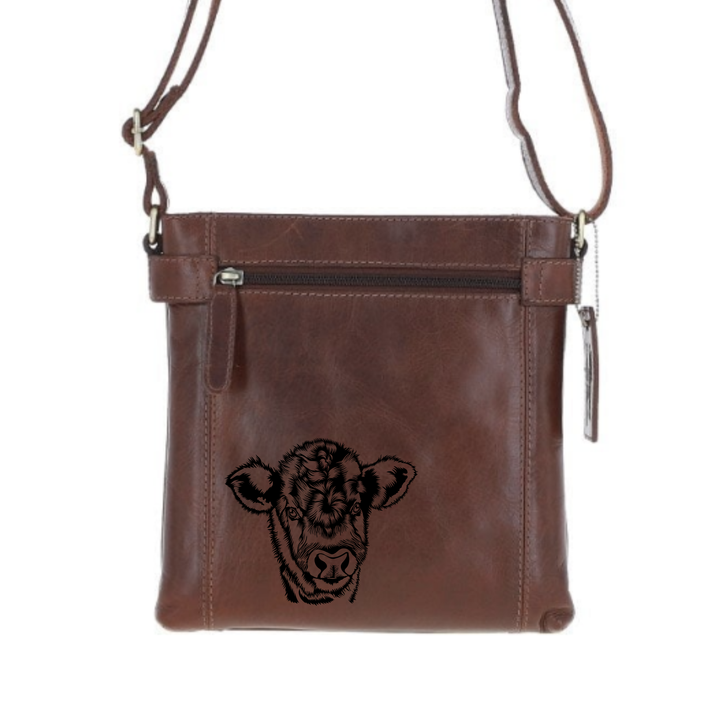 Cow Face Engraved Leather Two Section Zip Top Crossbody Bag