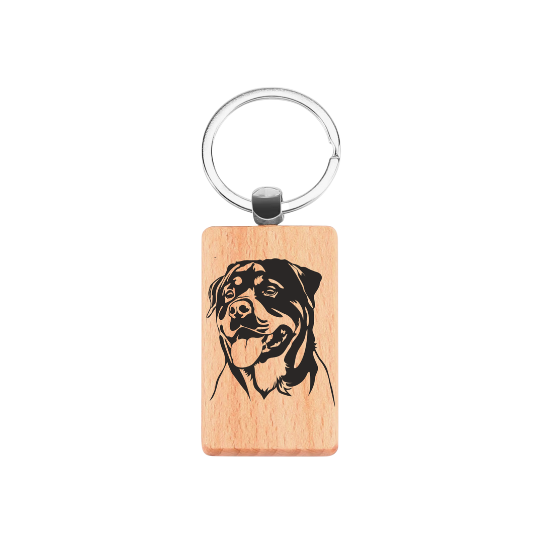 Rottweiler Face Engraved Rectangle Wooden Keyring