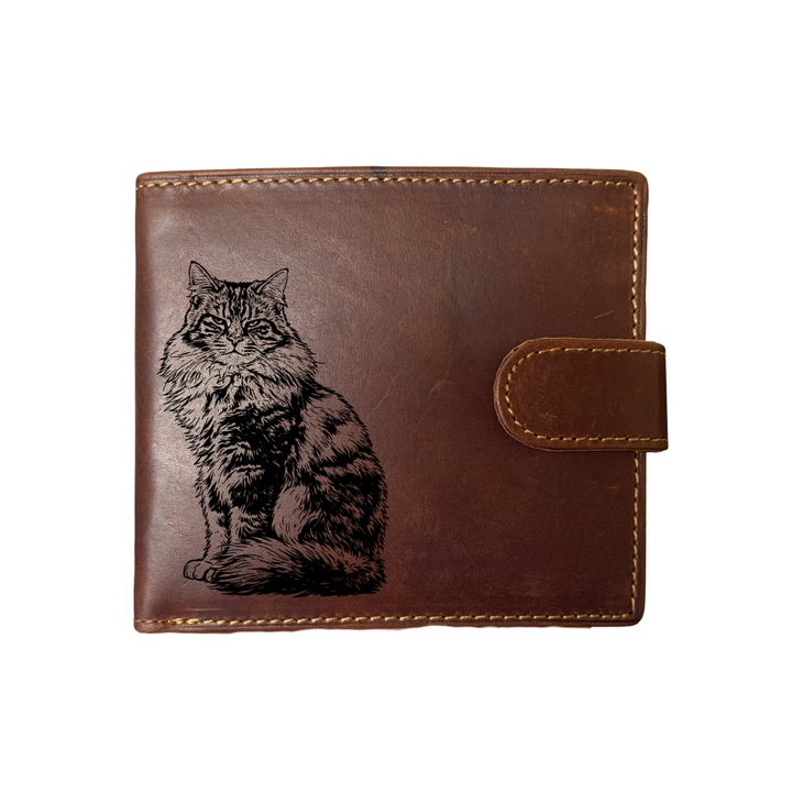 Personalised Long Tabby Cat Sitting Engraved Dark Tan Genuine Leather Wallet