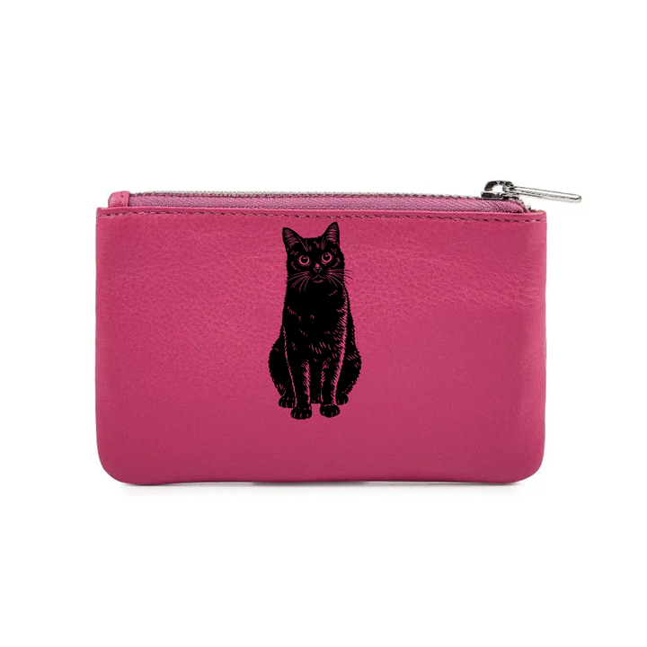 Black Cat Sitting Engraved Genuine Leather Coin Purse (Multiple Colour Options)