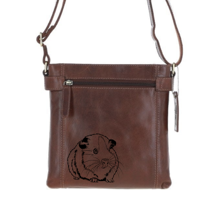 Guinea Pig Engraved Leather Two Section Zip Top Crossbody Bag