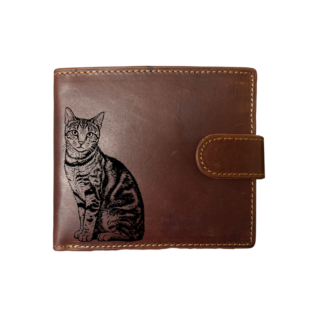 Personalised Tabby Cat Sitting Engraved Dark Tan Genuine Leather Wallet