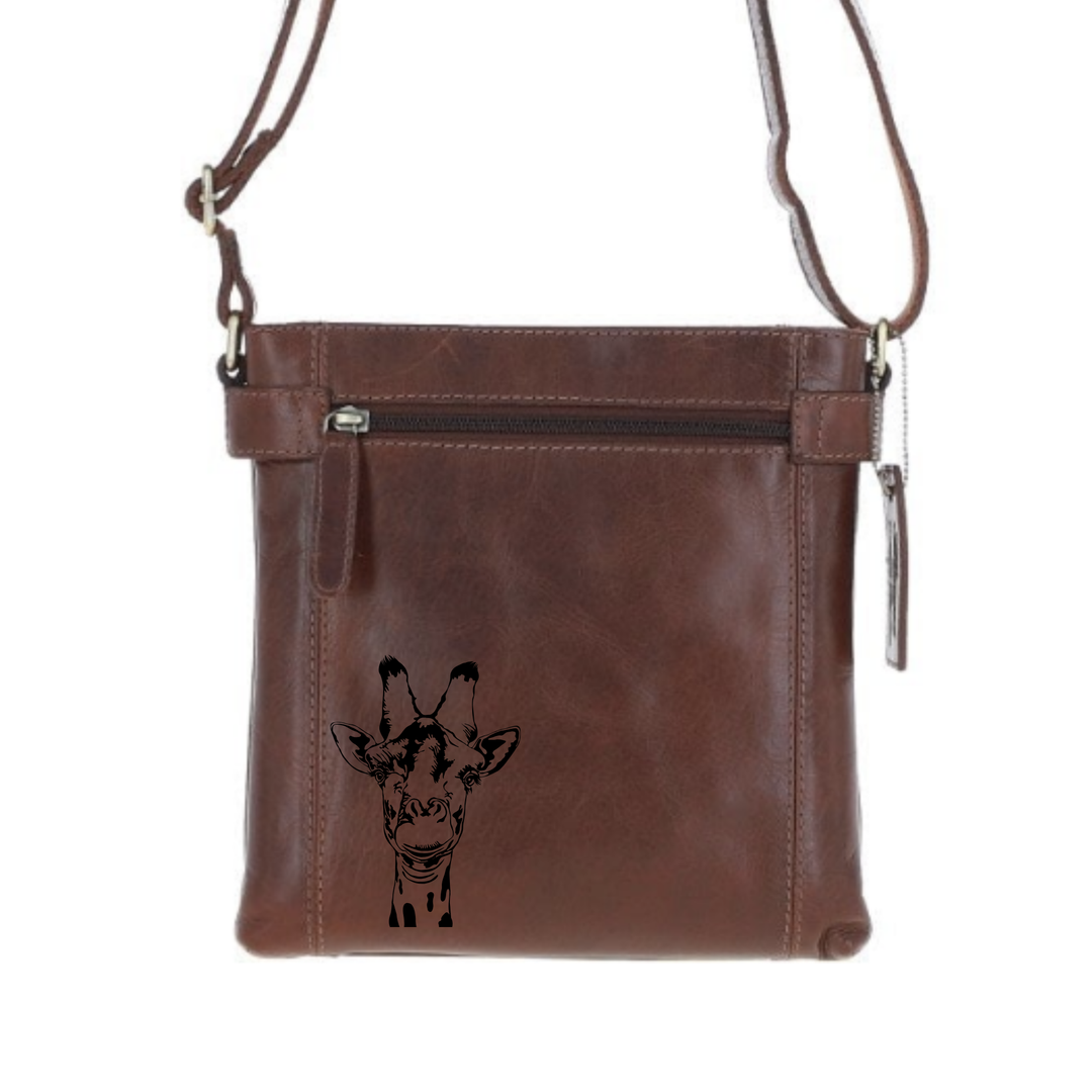 Giraffe Engraved Leather Two Section Zip Top Crossbody Bag