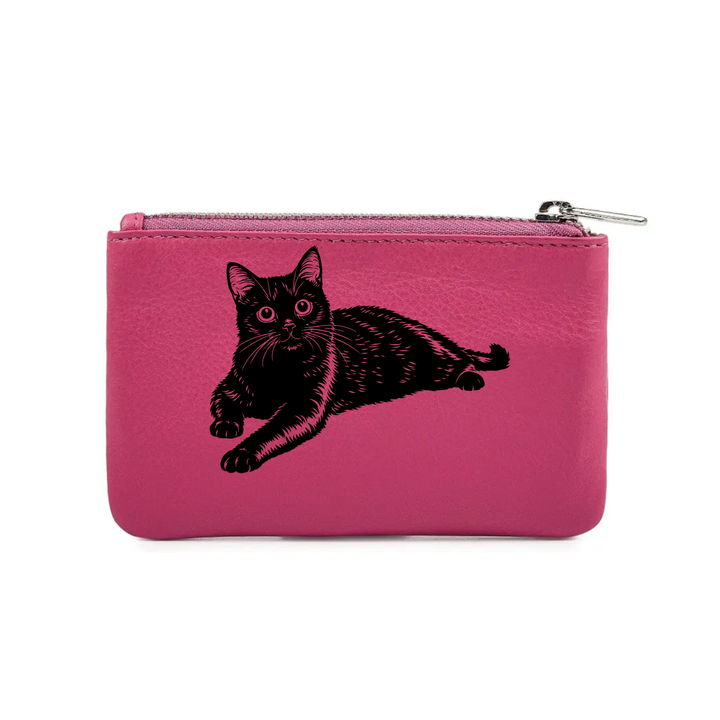 Black Cat Lying Down Engraved Genuine Leather Coin Purse (Multiple Colour Options)
