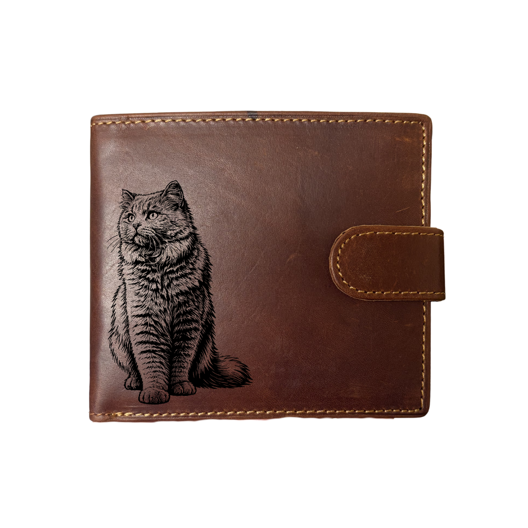 Personalised British Longhair Cat Sitting Engraved Dark Tan Genuine Leather Wallet