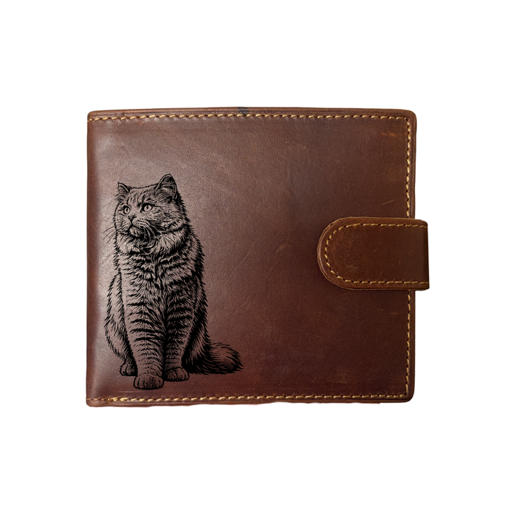 Personalised British Longhair Cat Sitting Engraved Dark Tan Genuine Leather Wallet