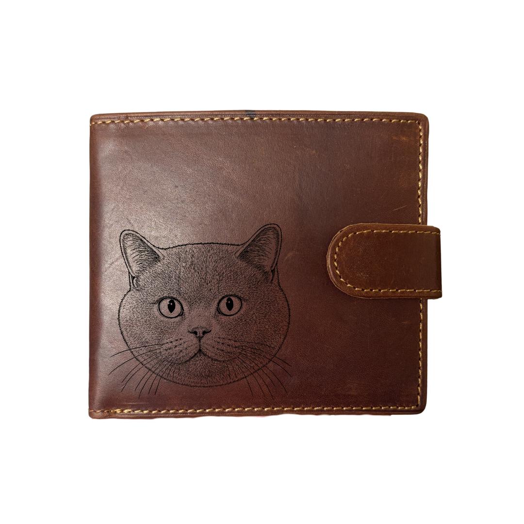 Personalised British Shorthair Cat Face Engraved Dark Tan Genuine Leather Wallet