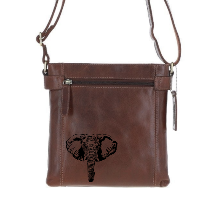 Elephant Engraved Leather Two Section Zip Top Crossbody Bag