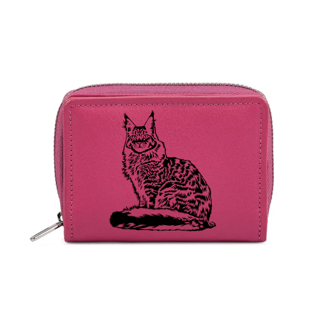 Maine Coon Cat Engraved Small Leather Purse (Green/Pink/Blue/Red)