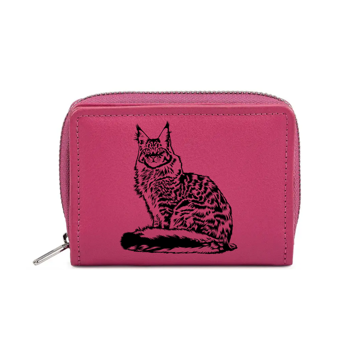 Maine Coon Cat Engraved Small Leather Purse (Green/Pink/Blue/Red)