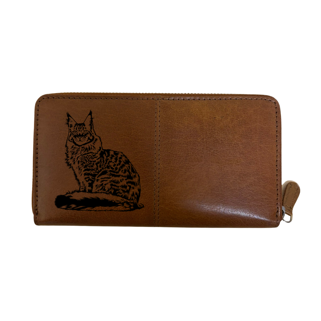 Maine Coon Cat Engraved Large Leather Purse