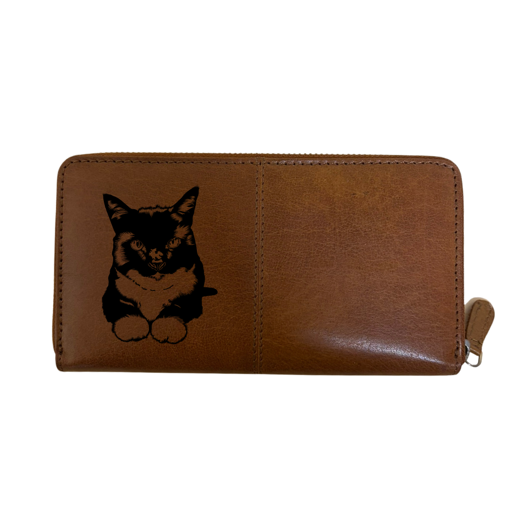 Tuxedo Cat Engraved Large Leather Purse