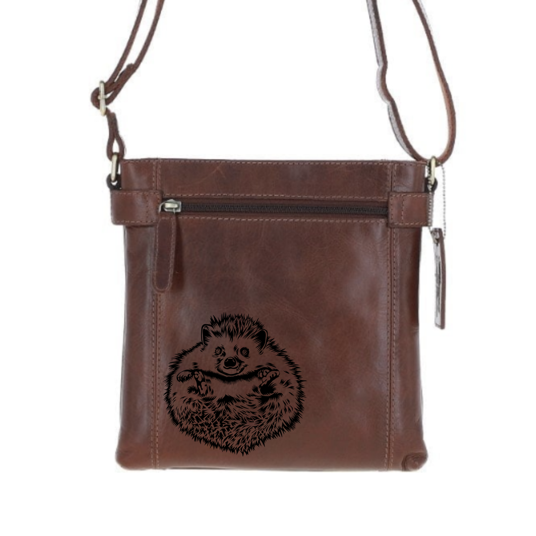 Hedgehog Belly Engraved Leather Two Section Zip Top Crossbody Bag