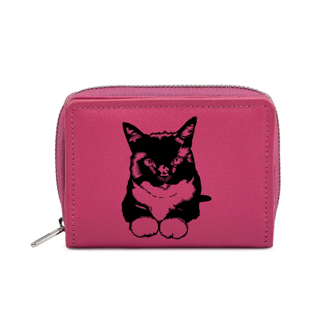 Tuxedo Cat Engraved Small Leather Purse (Green/Pink/Blue/Red)