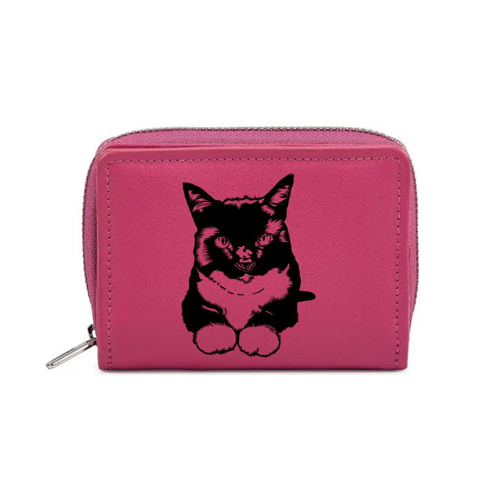 Tuxedo Cat Engraved Small Leather Purse (Green/Pink/Blue/Red)