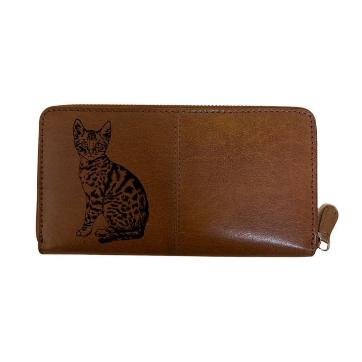 Bengal Cat Engraved Large Leather Purse