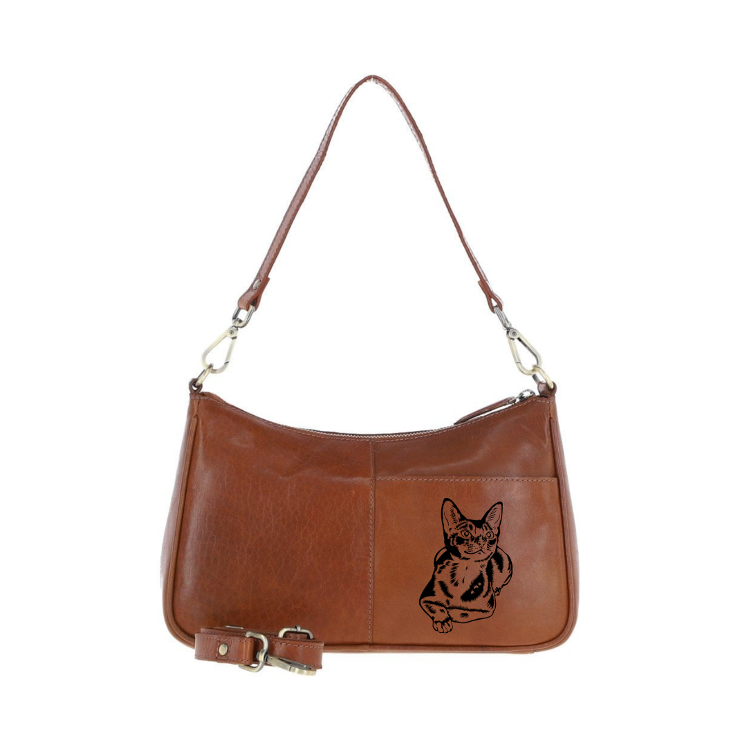 Abyssinian Cat Engraved Genuine Leather Shoulder Bag