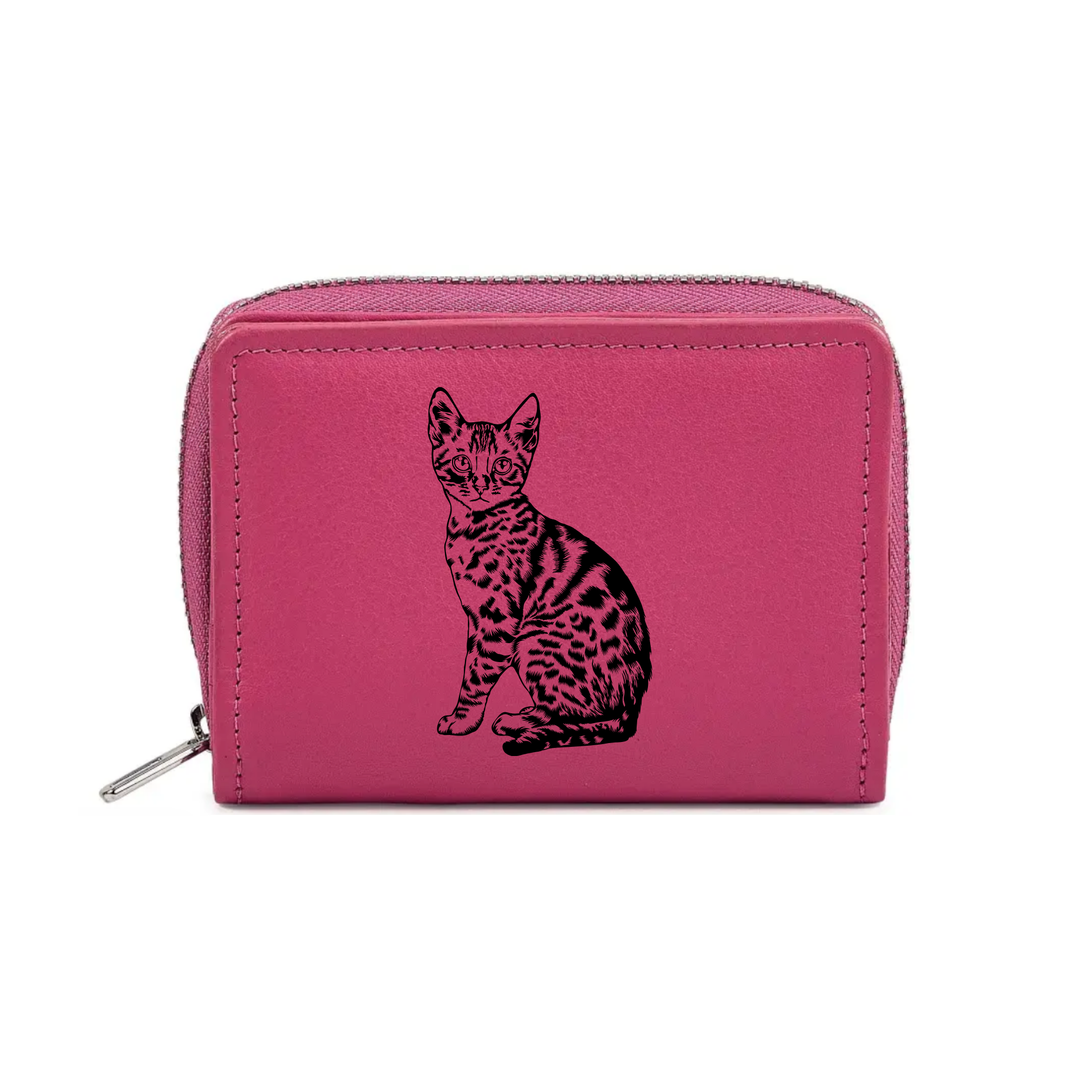 Bengal Cat Engraved Small Leather Purse (Green/Pink/Blue/Red)