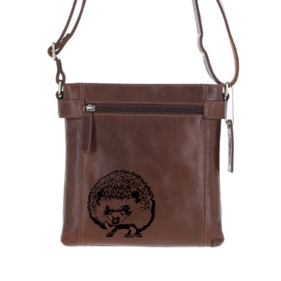 Hedgehog Standing Engraved Leather Two Section Zip Top Crossbody Bag