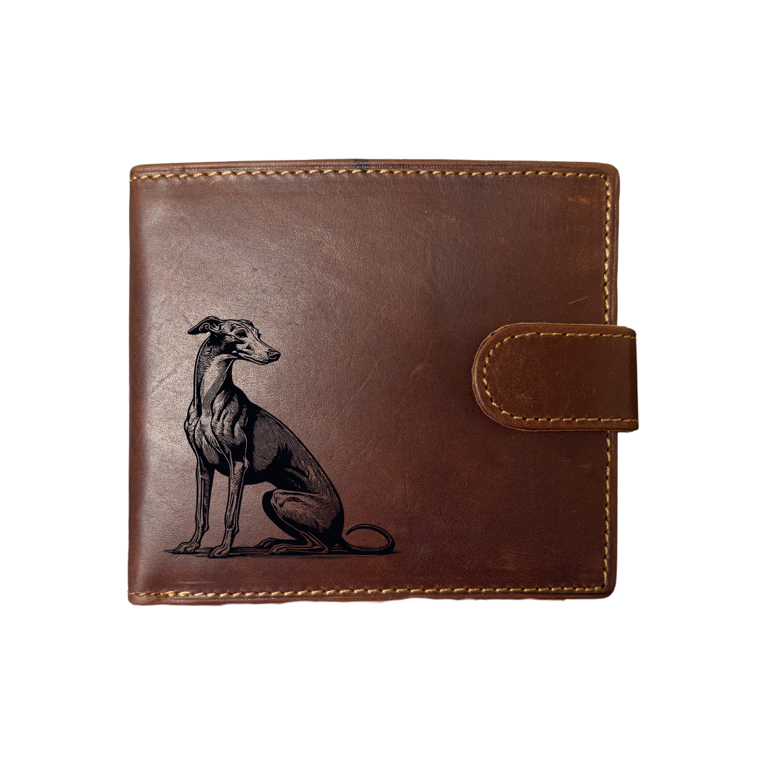 Personalised Italian Greyhound Sitting Engraved Dark Tan Genuine Leather Wallet