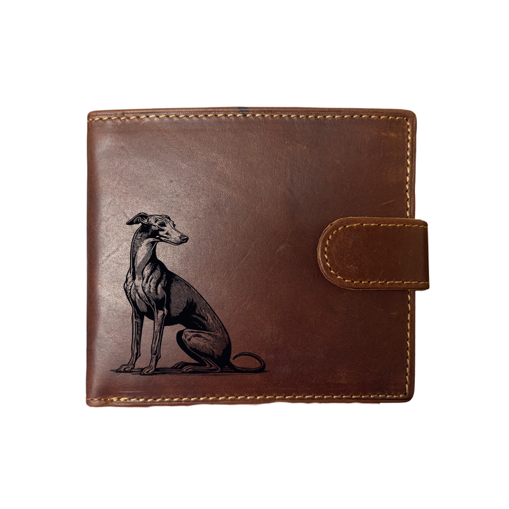 Personalised Italian Greyhound Sitting Engraved Dark Tan Genuine Leather Wallet