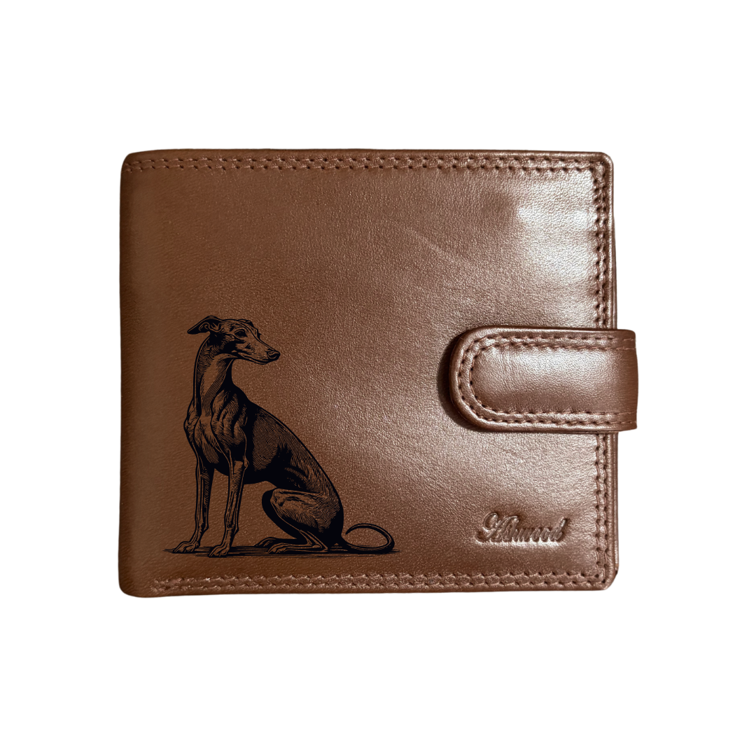Personalised Italian Greyhound Sitting Engraved Dark Tan Genuine Leather Wallet