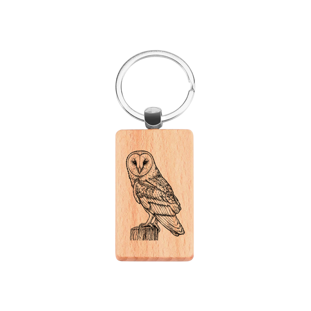 Barn Owl Engraved Rectangle Wooden Keyring