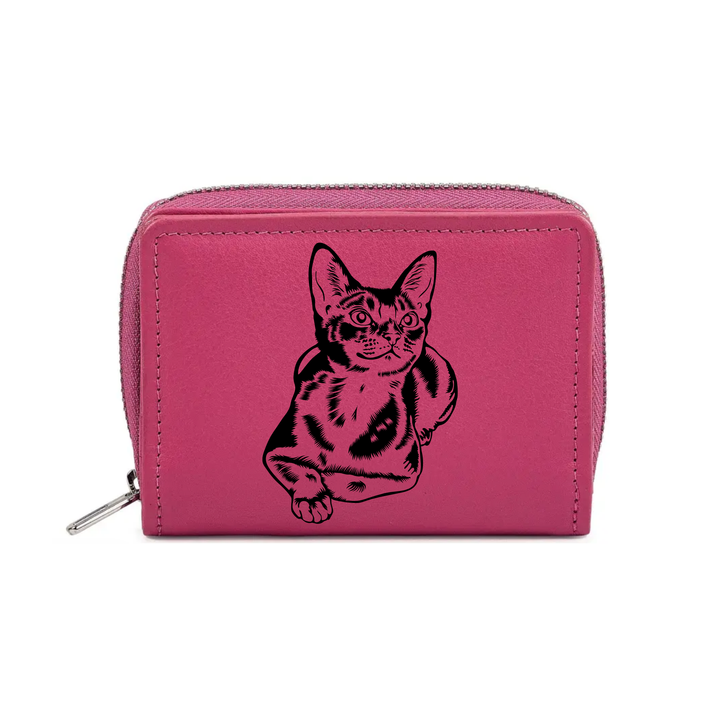 Abyssinian Cat Engraved Small Leather Purse (Green/Pink/Blue/Red)