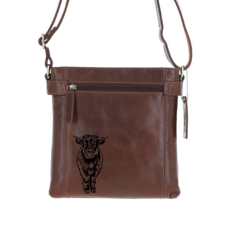Highland Cow Standing Engraved Leather Two Section Zip Top Crossbody Bag