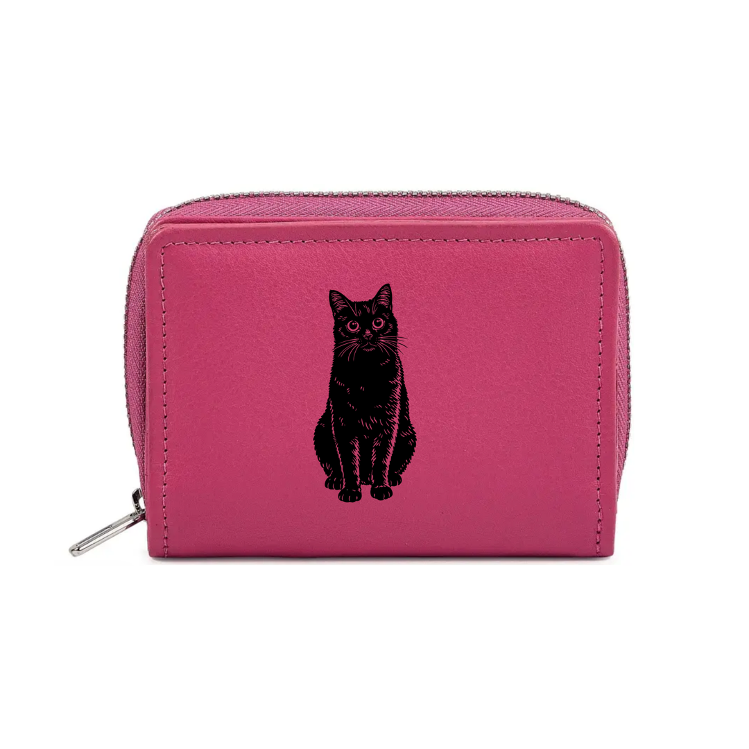 Black Cat Sitting Engraved Small Leather Purse (Green/Pink/Blue/Red)
