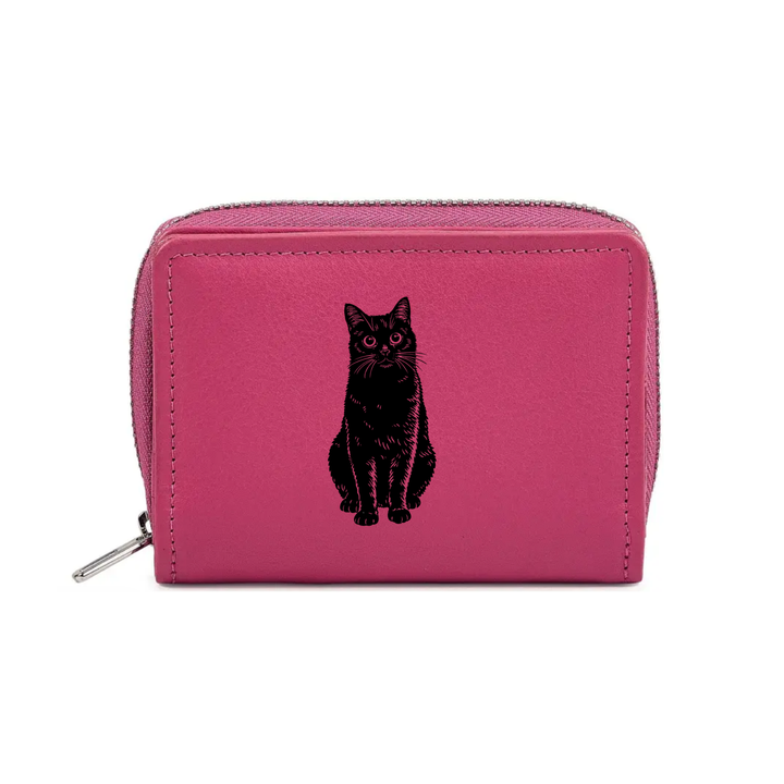 Black Cat Sitting Engraved Small Leather Purse (Green/Pink/Blue/Red)