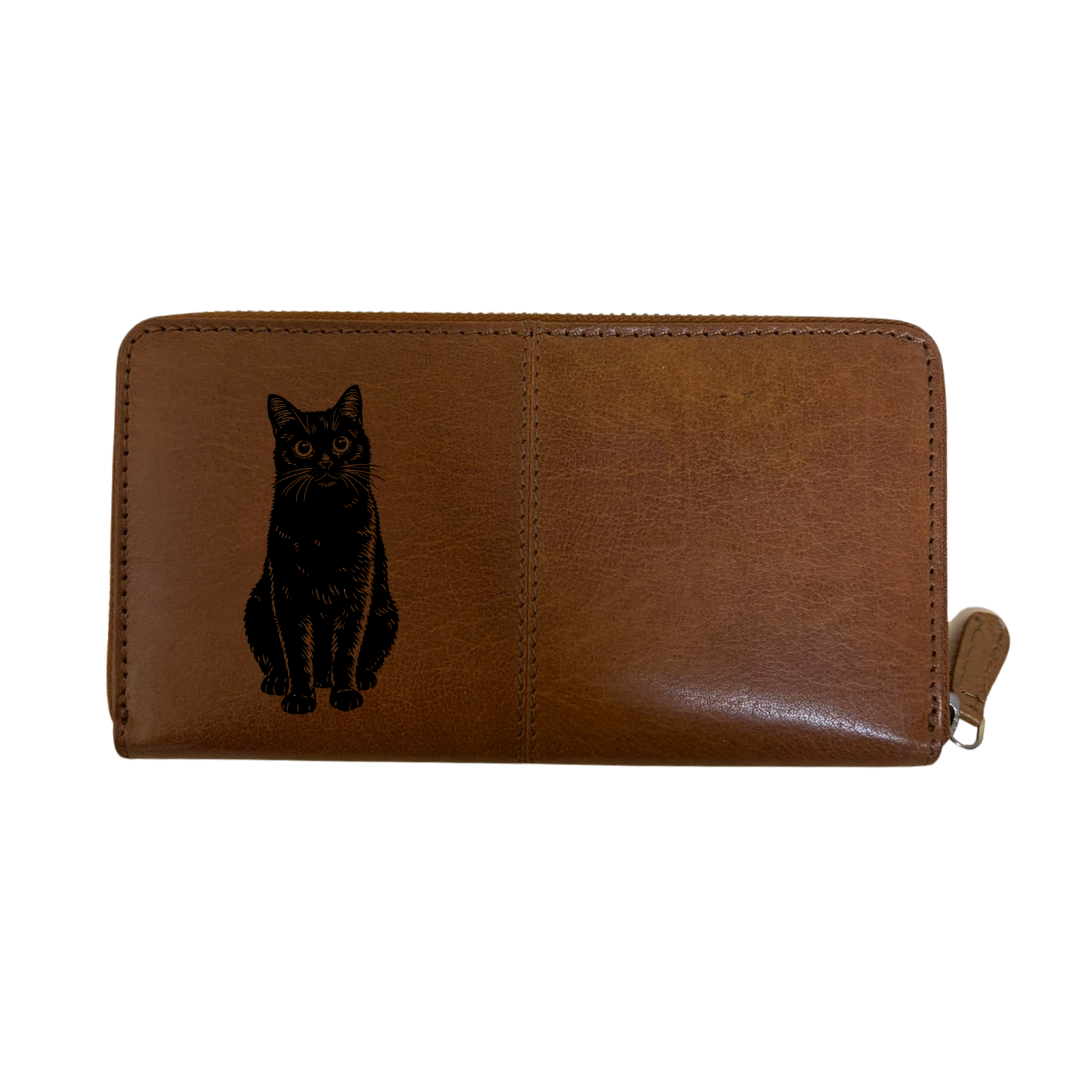 Black Cat Sitting Engraved Large Leather Purse