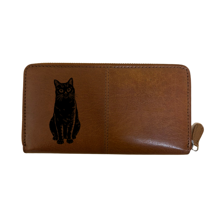 Black Cat Sitting Engraved Large Leather Purse