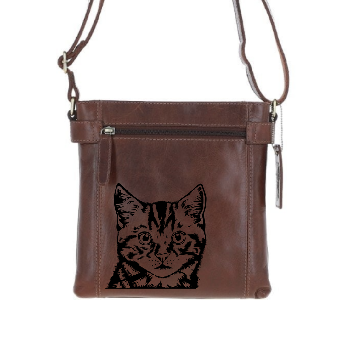 Tabby Cat Face Engraved Leather Two Section Zip Top Crossbody Bag