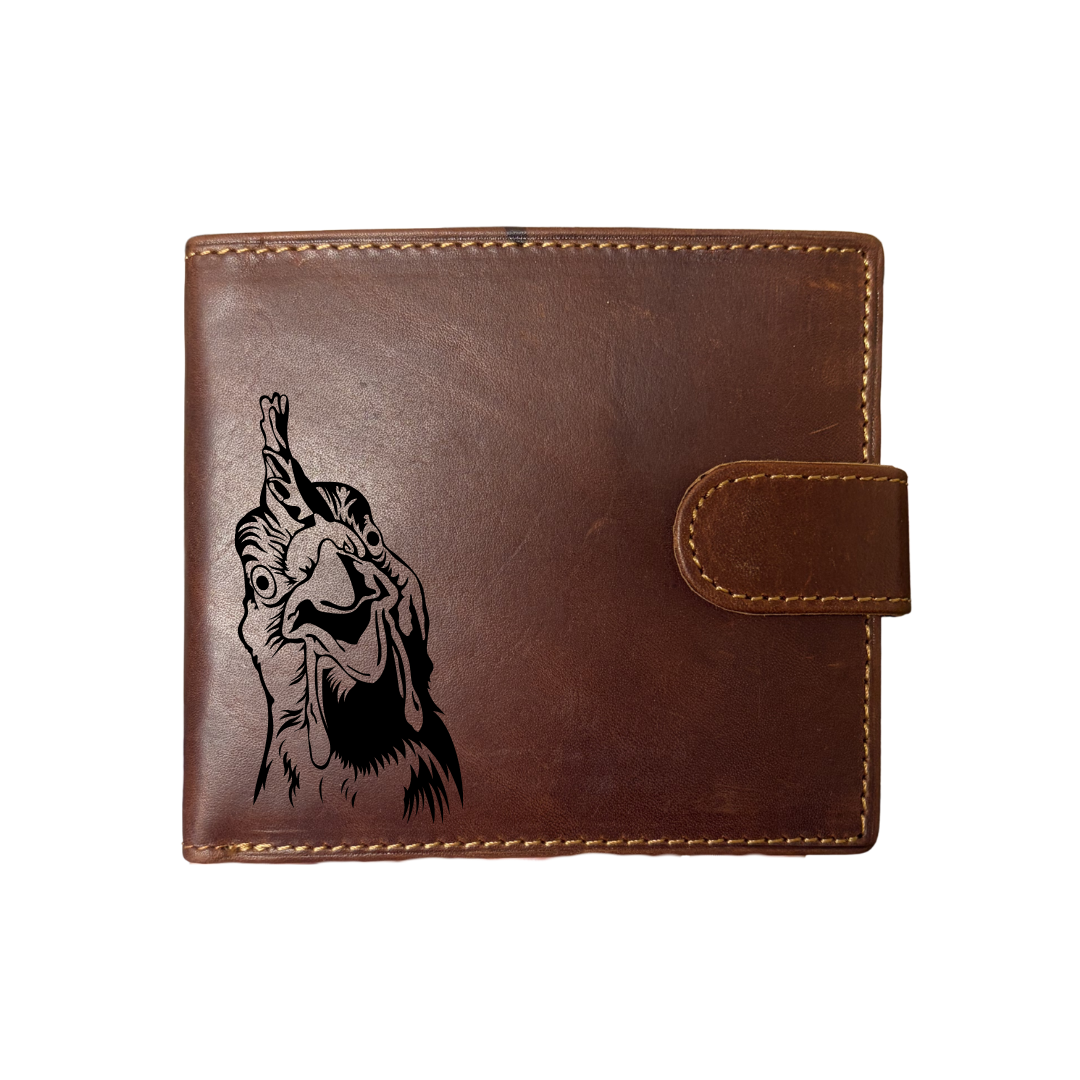 Personalised Chicken Engraved Dark Tan Genuine Leather Wallet