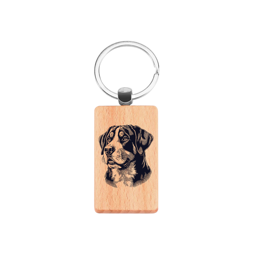 Great Swiss Mountain Dog Face Engraved Rectangle Wooden Keyring