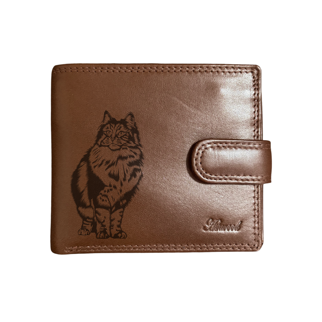 Personalised Norwegian Forest Cat Engraved Dark Tan Genuine Leather Wallet