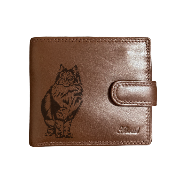 Personalised Norwegian Forest Cat Engraved Dark Tan Genuine Leather Wallet
