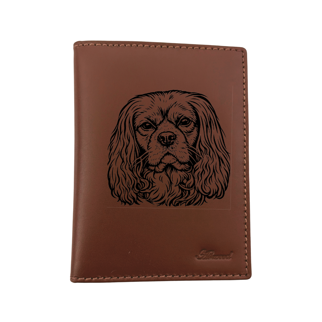 R Cavalier King Charles Spaniel Face Engraved Leather Passport Cover