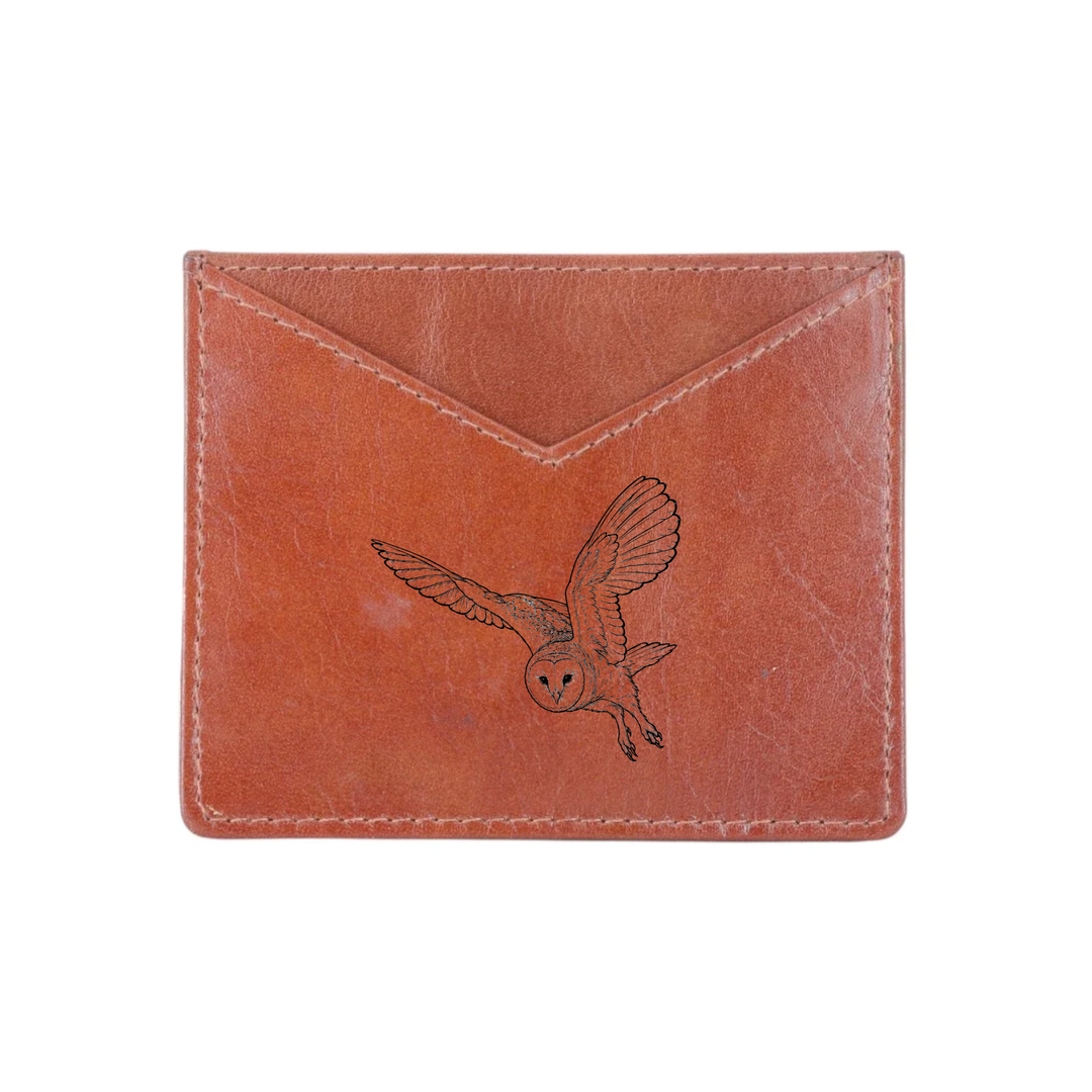 Flying Barn Owl Engraved Genuine Leather Cardholder